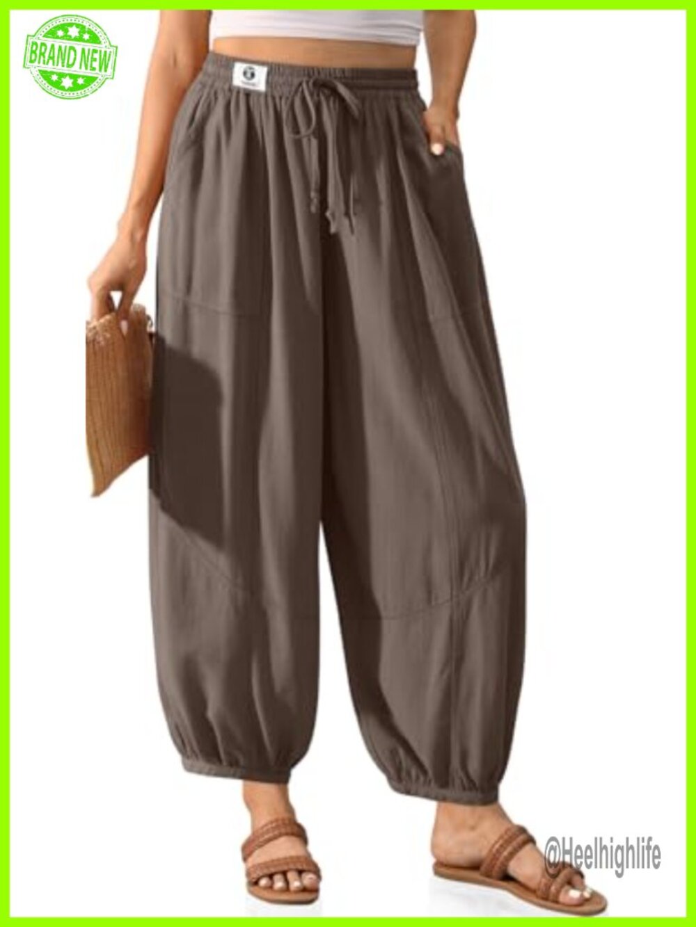 Womens Linen Blend Barrel Harem Pants with Pockets
